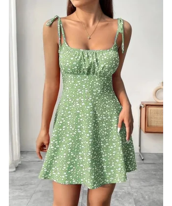 Kadın Askılı Büzgü Detaylı Kare Yaka çiçek Desenli Mini Süprem Elbise