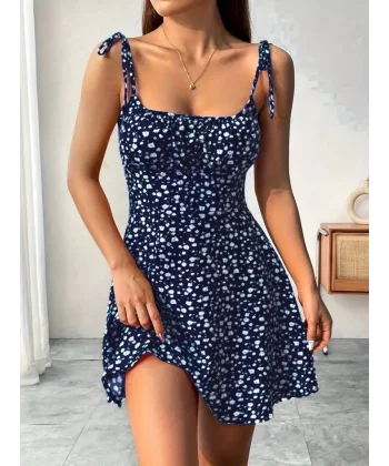 Kadın Askılı Büzgü Detaylı Kare Yaka çiçek Desenli Mini Süprem Elbise