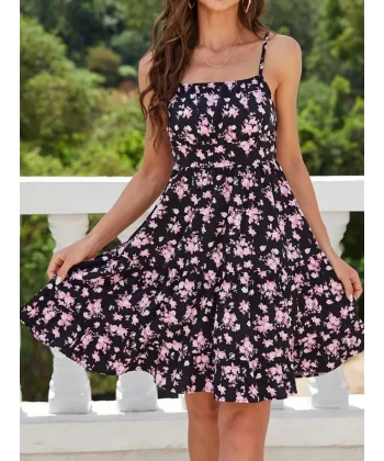 Kadın Askılı çiçek Desenli Süprem Mini Elbise