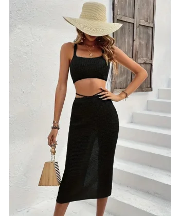 Kadın Askılı Crop Ve Bel Detaylı Derin Yırtmaçlı Etek Ikili Takım