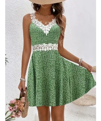 Kadın Askılı Dantel Yakalı çiçek Desenli Süprem Elbise