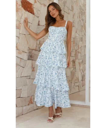 Kadın Askılı Dekolteli Yırtmaç Detay çiçek Baskılı Süprem Midi Elbise