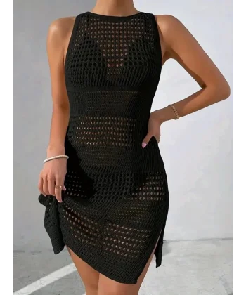 Kadın Askılı Derin Sırt Dekolteli Ajurlu Triko Pareo