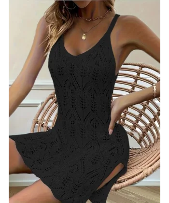 Kadın Askılı Desenli Yandan Yırtmaçlı Triko Elbise