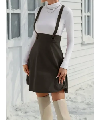 Kadın Askılı Düğmeli Mini Süet Elbise