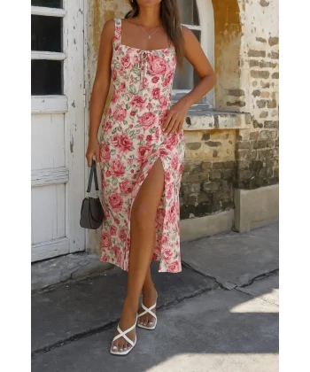 Kadın Askılı Geniş V Yakalı Sırttan Bağlamalı Yırtmaçlı Süprem Elbise