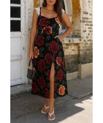 Kadın Askılı Geniş V Yakalı Sırttan Bağlamalı Yırtmaçlı Süprem Elbise