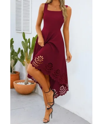 Kadın Askılı Geometrik Yaka çiçek Lazer Kesim Ithal Krep Elbise