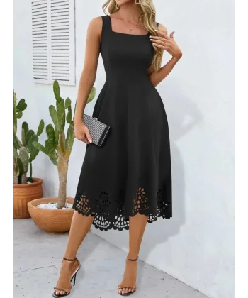 Kadın Askılı Geometrik Yaka çiçek Lazer Kesim Ithal Krep Elbise