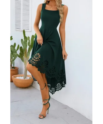 Kadın Askılı Geometrik Yaka çiçek Lazer Kesim Ithal Krep Elbise