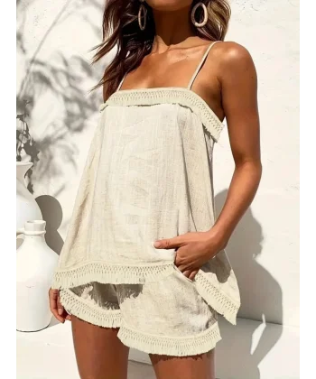 Kadın Askılı Geometrik Yaka Püskül Detay Keten Alt üst Takım