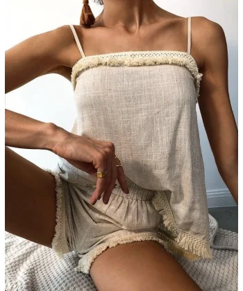 Kadın Askılı Geometrik Yaka Püskül Detay Keten Alt üst Takım