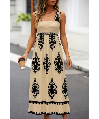 Kadın Askılı Kare Yaka Gipe Detaylı Desenli Suprem Elbise