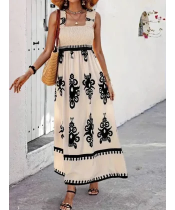 Kadın Askılı Kare Yaka Gipe Detaylı Desenli Suprem Elbise