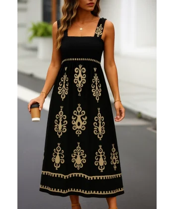 Kadın Askılı Kare Yaka Gipe Detaylı Desenli Suprem Elbise