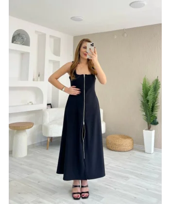 Kadın Askılı Kare Yaka önden Fermuarlı Geniş Kesim Janjan Krep Elbise