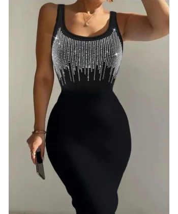 Kadın Askılı Kare Yaka Ottaban Kumaş Likralı Taşlı İncili Elbise