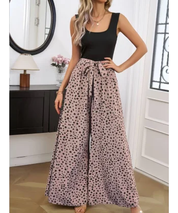 Kadın Askılı Kare Yaka üstü Düz Altı Desenli Bol Paça Sandy Tulum