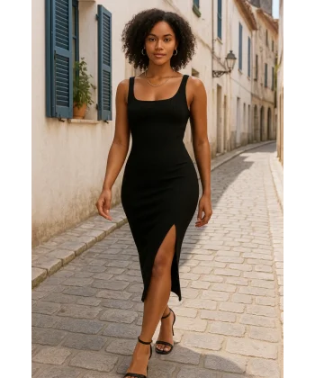 Kadın Askılı Kare Yaka Yandan Yırtmaçlı Midi Kaşkorse Elbise