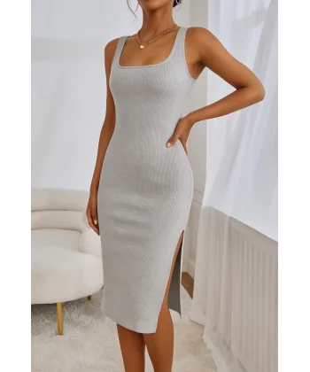 Kadın Askılı Kare Yaka Yandan Yırtmaçlı Midi Kaşkorse Elbise