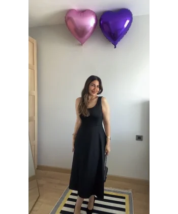 Kadın Askılı Kare Yaka Yırtmaçlı Midi Janjan Krep Elbise