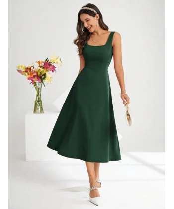 Kadın Askılı Kare Yakalı Midi Ithal Krep Elbise