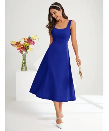 Kadın Askılı Kare Yakalı Midi Ithal Krep Elbise