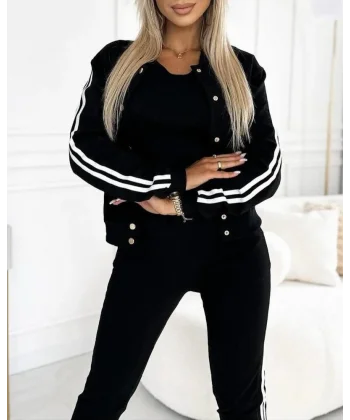 Kadın Askılı Kısa Iki Iplik Krop Bluz Uzun Kollu önden çıtçıtlı şerit Detaylı Ceket Ve Pantolon üçlü Takım