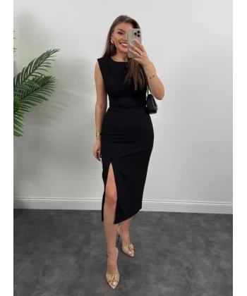 Kadın Askılı Kolsuz Belden Büzgülü Yırtmaçlı Midi Janjan Krep Elbise