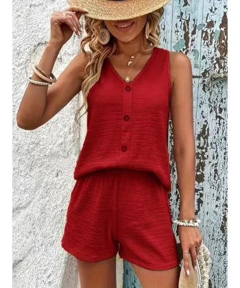 Kadın Askılı Kolsuz V Yakalı önden Düğmeli Bürümcük Bluz Ve Short Ikili Takım