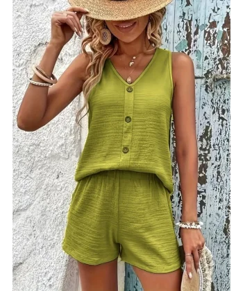 Kadın Askılı Kolsuz V Yakalı önden Düğmeli Bürümcük Bluz Ve Short Ikili Takım
