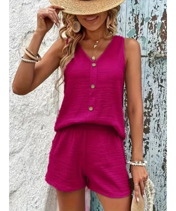 Kadın Askılı Kolsuz V Yakalı önden Düğmeli Bürümcük Bluz Ve Short Ikili Takım
