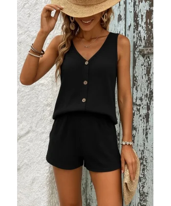 Kadın Askılı Kolsuz V Yakalı önden Düğmeli Bürümcük Bluz Ve Short Ikili Takım