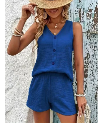 Kadın Askılı Kolsuz V Yakalı önden Düğmeli Bürümcük Bluz Ve Short Ikili Takım
