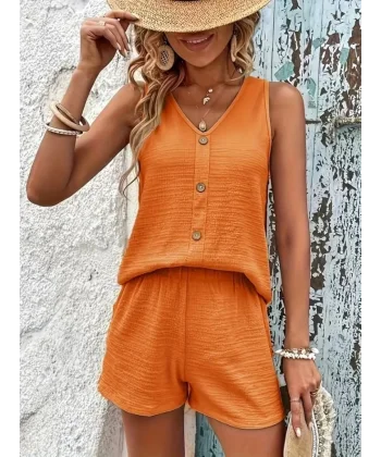 Kadın Askılı Kolsuz V Yakalı önden Düğmeli Bürümcük Bluz Ve Short Ikili Takım