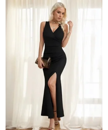 Kadın Askılı Kruvaze Yaka Yırtmaç Detaylı Janjan Krep Elbise