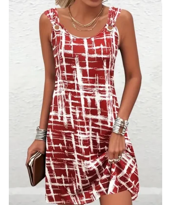 Kadın Askılı Kuş Gözü Detaylı Desenli Süprem Elbise