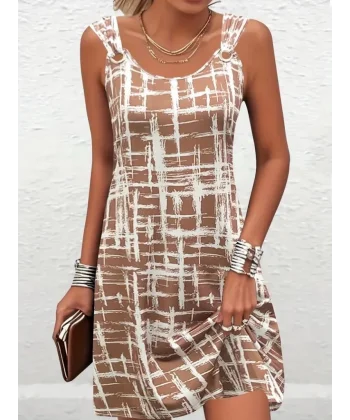 Kadın Askılı Kuş Gözü Detaylı Desenli Süprem Elbise