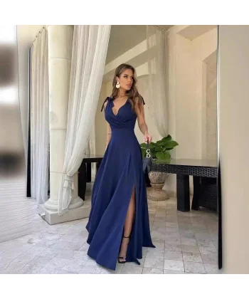 Kadın Askılı Omuzdan Bağlamalı Kruvaze Yakalı Uzun Yırtmaçlı Janjan Krep Elbise