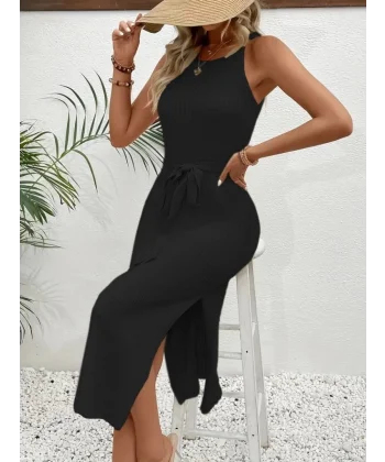 Kadın Askılı Omuzlardan Açık Belden Kuşaklı Yandan Yırtmaçlı Triko Elbise