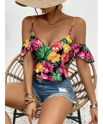 Kadın Askılı Omuzlardan Açık çiçek Baskılı Bluz