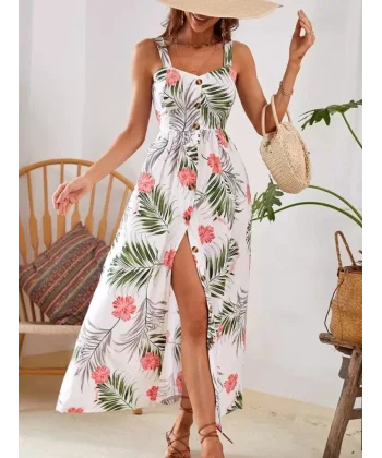 Kadın Askılı önden Düğmeli Yaprak Desenli Uzun Süprem Elbise