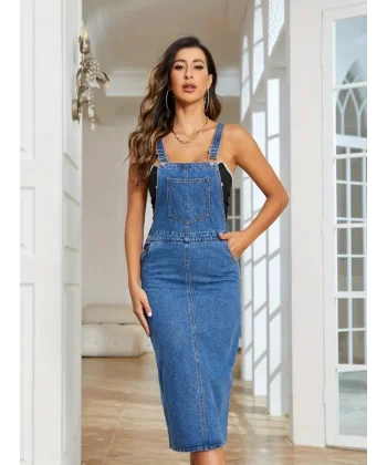 Kadın Askılı önü Cepli Diz Altı Kot Salopet