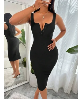 Kadın Askılı önü Düğmeli Midi Kaşkorse Elbise