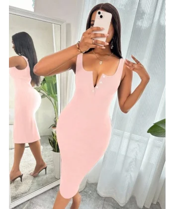 Kadın Askılı önü Düğmeli Midi Kaşkorse Elbise