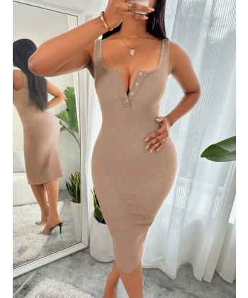 Kadın Askılı önü Düğmeli Midi Kaşkorse Elbise