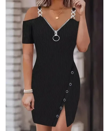 Kadın Askılı önü Fermuarlı Asimetrik Kesim Detaylı Kalın Fitilli Kaşkorse Elbise