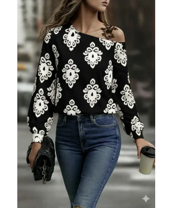 Kadın Askılı Uzun Kollu Omuzlardan Açık Desenli Mosskrep Bluz