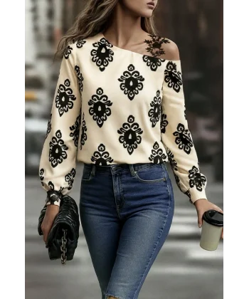 Kadın Askılı Uzun Kollu Omuzlardan Açık Desenli Mosskrep Bluz
