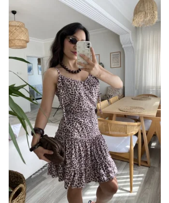 Kadın Askılı V Yaka Beli Pileli Leopar Desen Eteği Fırfırlı Süprem Elbise